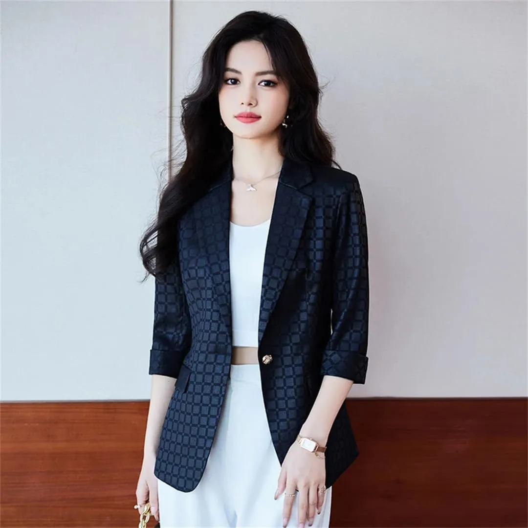 Women Office Elegant Slim Notched Blazers and Jadket Button Sleeve Solid Work Blue Suit Blazer Coat