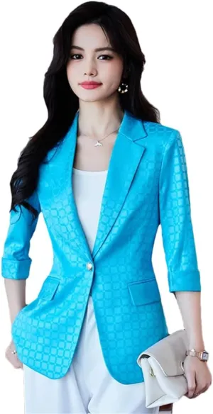 Women Office Elegant Slim Notched Blazers and Jadket Button Sleeve Solid Work Blue Suit Blazer Coat