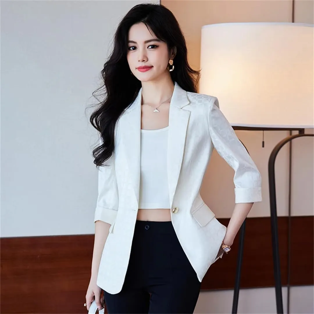Women Office Elegant Slim Notched Blazers and Jadket Button Sleeve Solid Work Blue Suit Blazer Coat