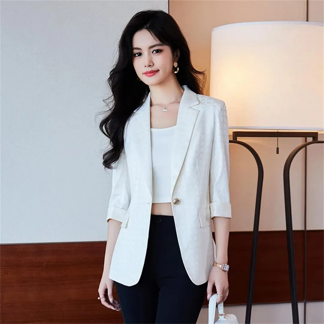 Women Office Elegant Slim Notched Blazers and Jadket Button Sleeve Solid Work Blue Suit Blazer Coat