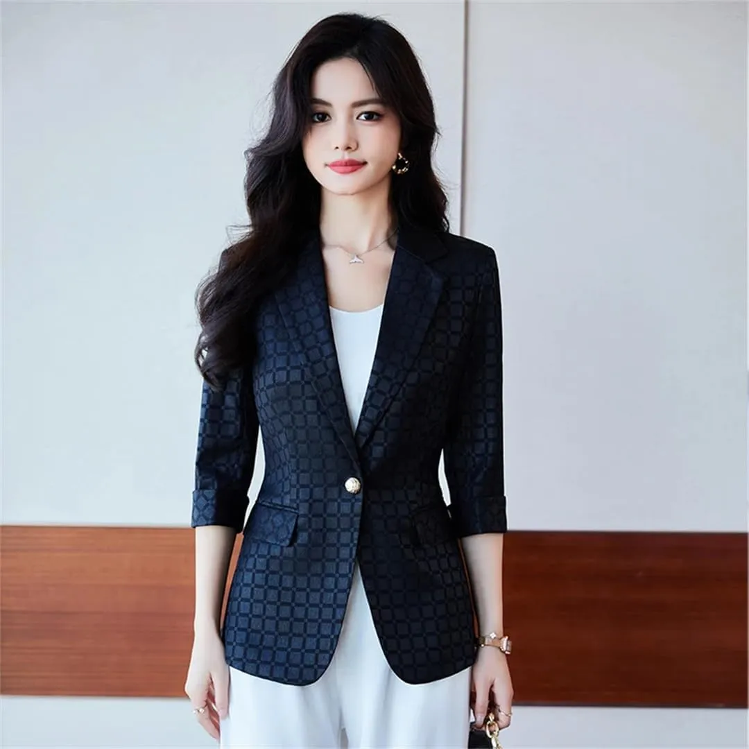Women Office Elegant Slim Notched Blazers and Jadket Button Sleeve Solid Work Blue Suit Blazer Coat