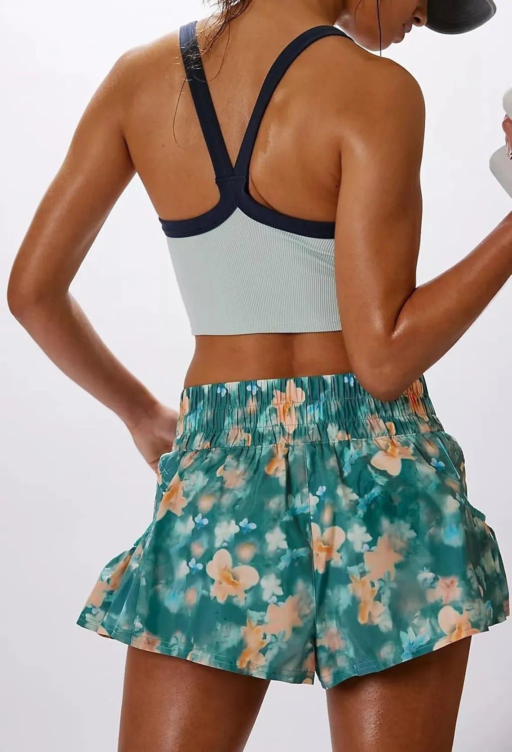 Women Ruffle Running Shorts High Waisted Workout Athletic Shorts Flowy Smocked A Line Skorts with Pockets