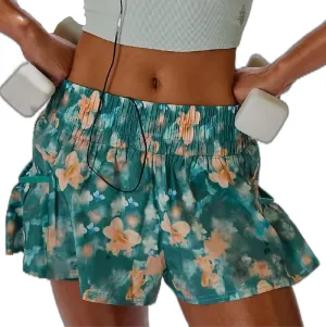 Women Ruffle Running Shorts High Waisted Workout Athletic Shorts Flowy Smocked A Line Skorts with Pockets