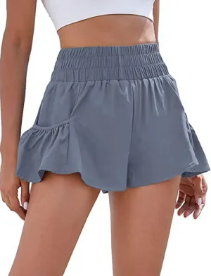 Women Ruffle Running Shorts High Waisted Workout Athletic Shorts Flowy Smocked A Line Skorts with Pockets