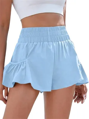 Women Ruffle Running Shorts High Waisted Workout Athletic Shorts Flowy Smocked A Line Skorts with Pockets