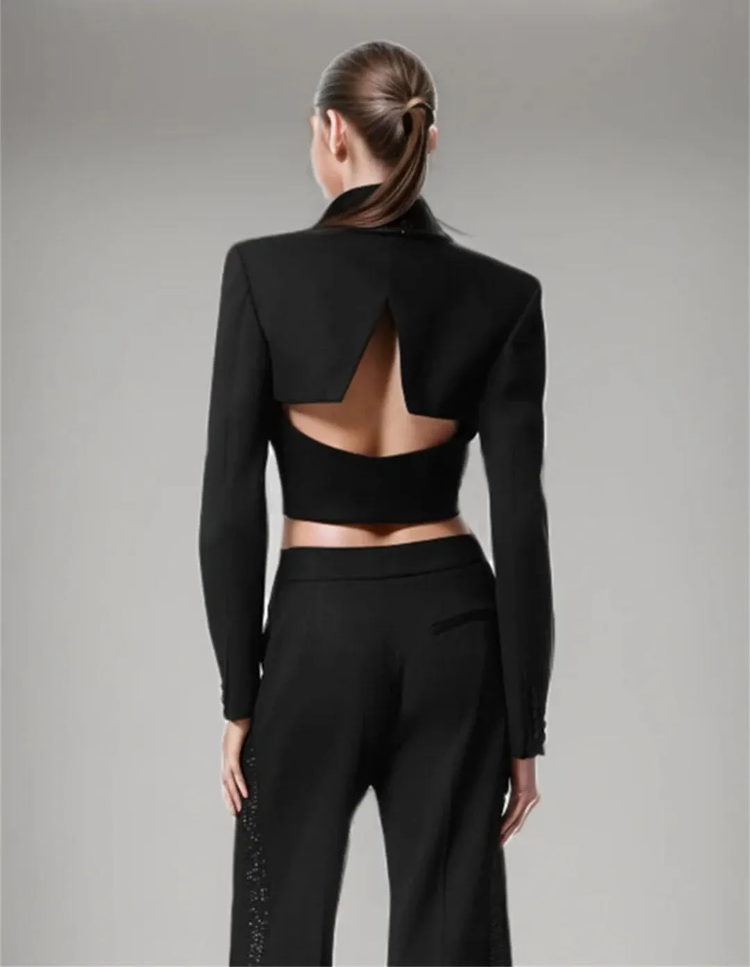Women Solid Hollow Out Temperament Notched Collar Long Sleeve Patchwork Button Elegant Blazers