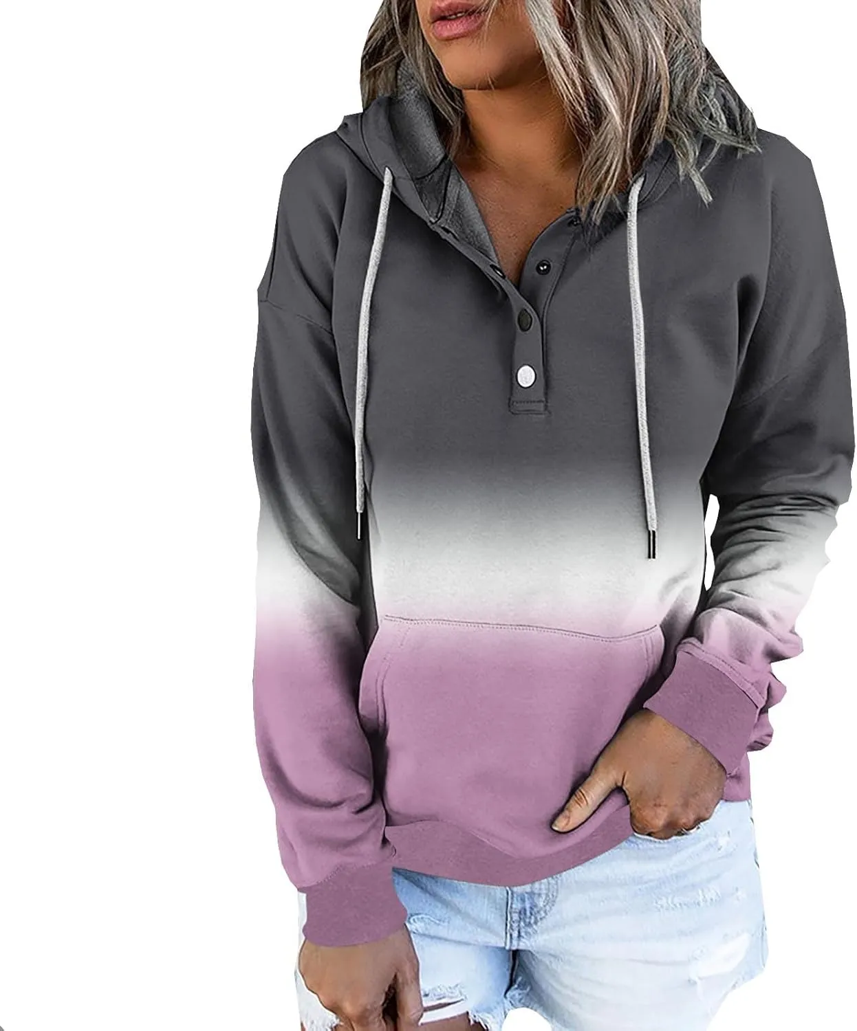 Women Tie Dye Hoodie Button Down Casual Sweatshirt Teen Girls Crewneck Pullover Oversize Drawstring Casual Loose Tops