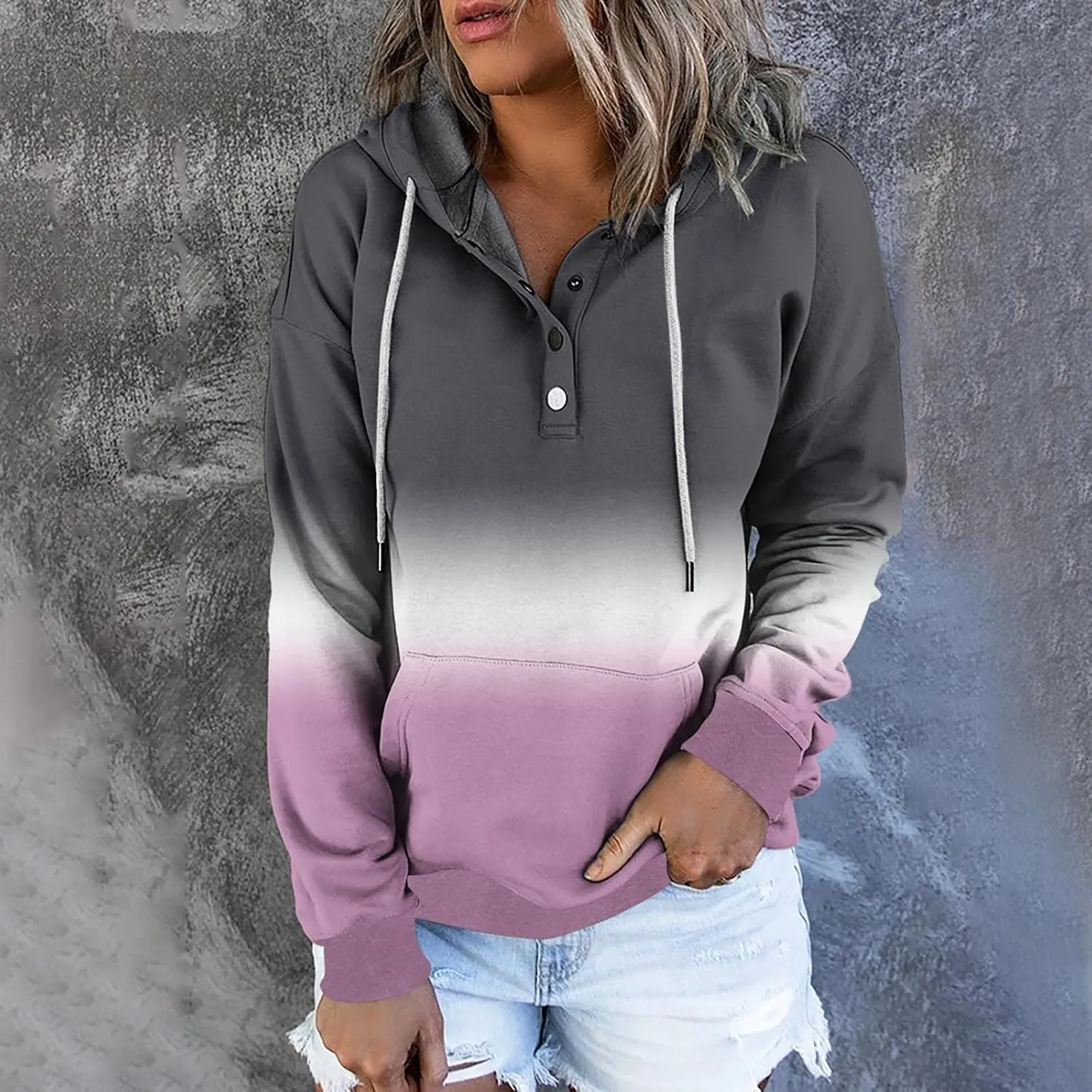 Women Tie Dye Hoodie Button Down Casual Sweatshirt Teen Girls Crewneck Pullover Oversize Drawstring Casual Loose Tops
