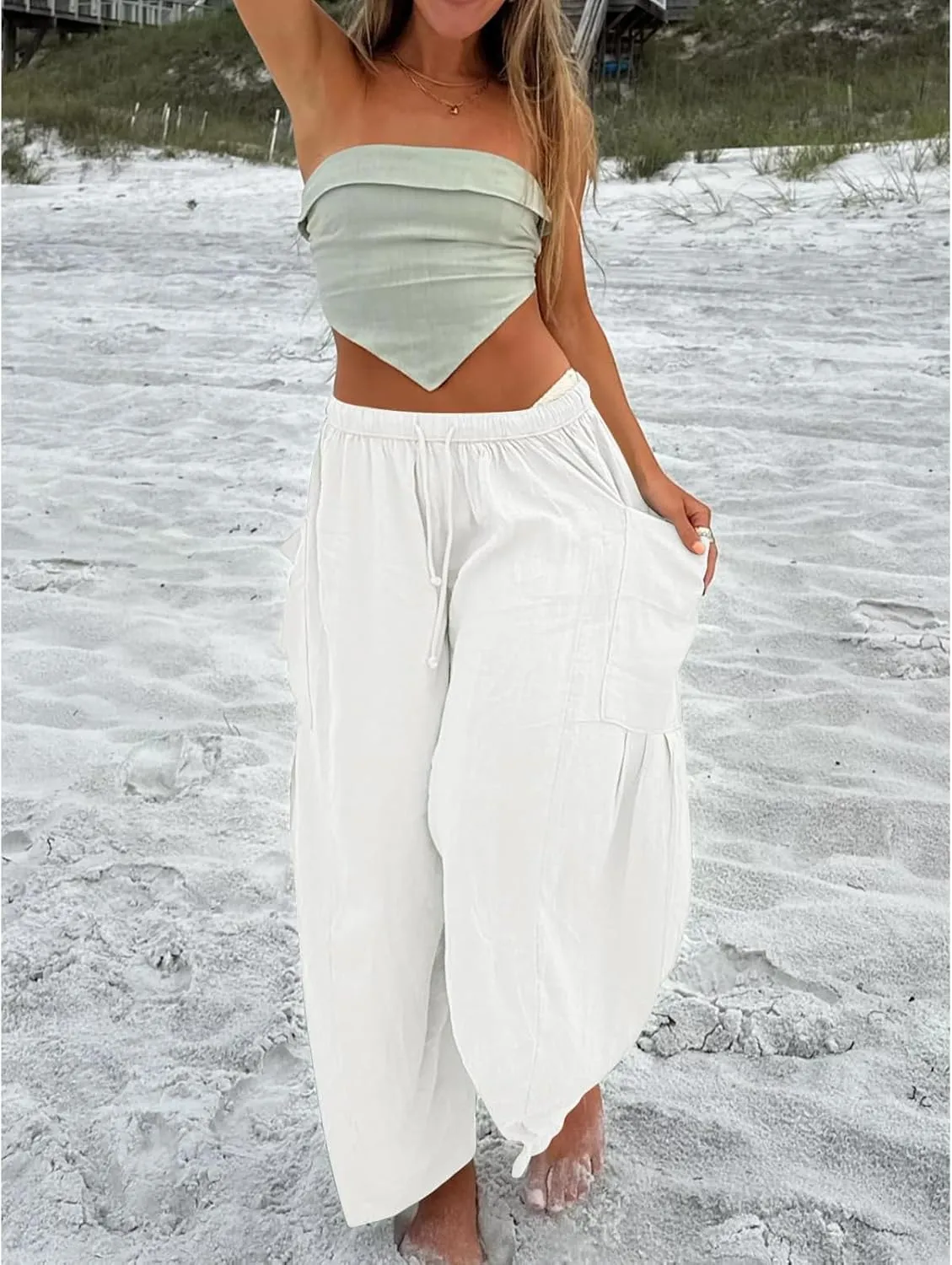 Women Wide Leg Linen Pants Summer Casual Drawstring High Waisted Palazzo Harem Pants with Pockets