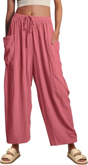 Women Wide Leg Linen Pants Summer Casual Drawstring High Waisted Palazzo Harem Pants with Pockets