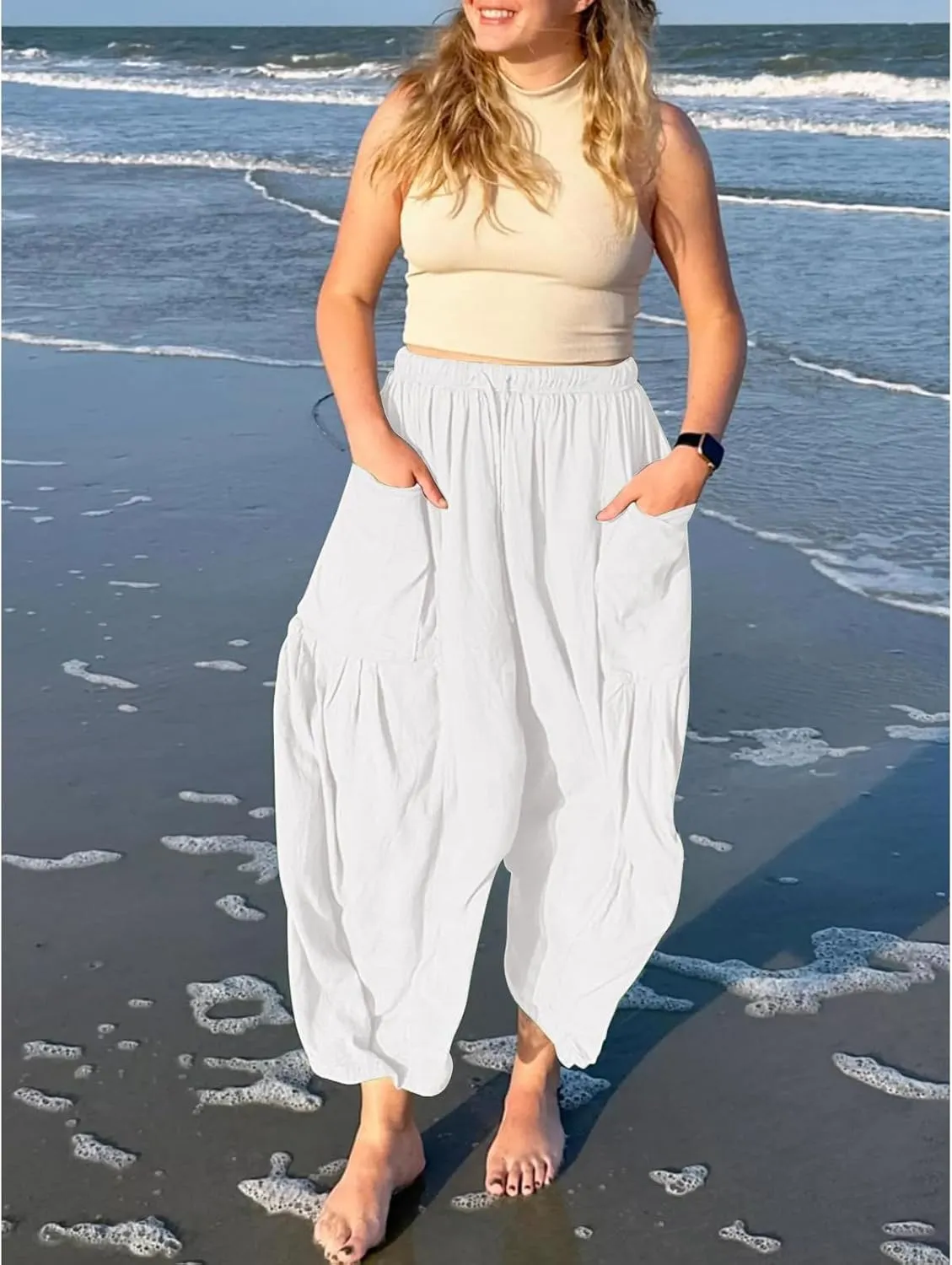 Women Wide Leg Linen Pants Summer Casual Drawstring High Waisted Palazzo Harem Pants with Pockets