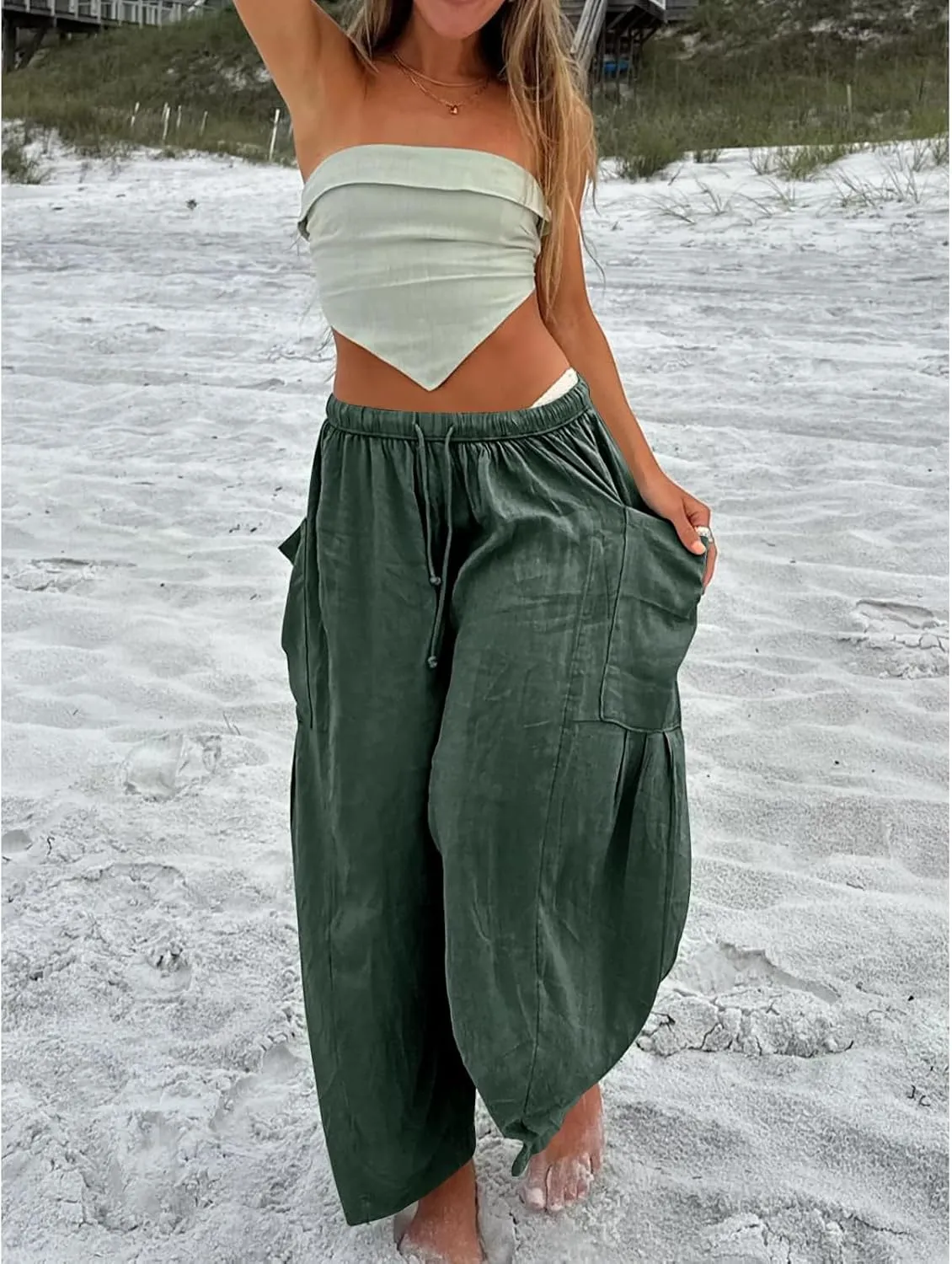 Women Wide Leg Linen Pants Summer Casual Drawstring High Waisted Palazzo Harem Pants with Pockets