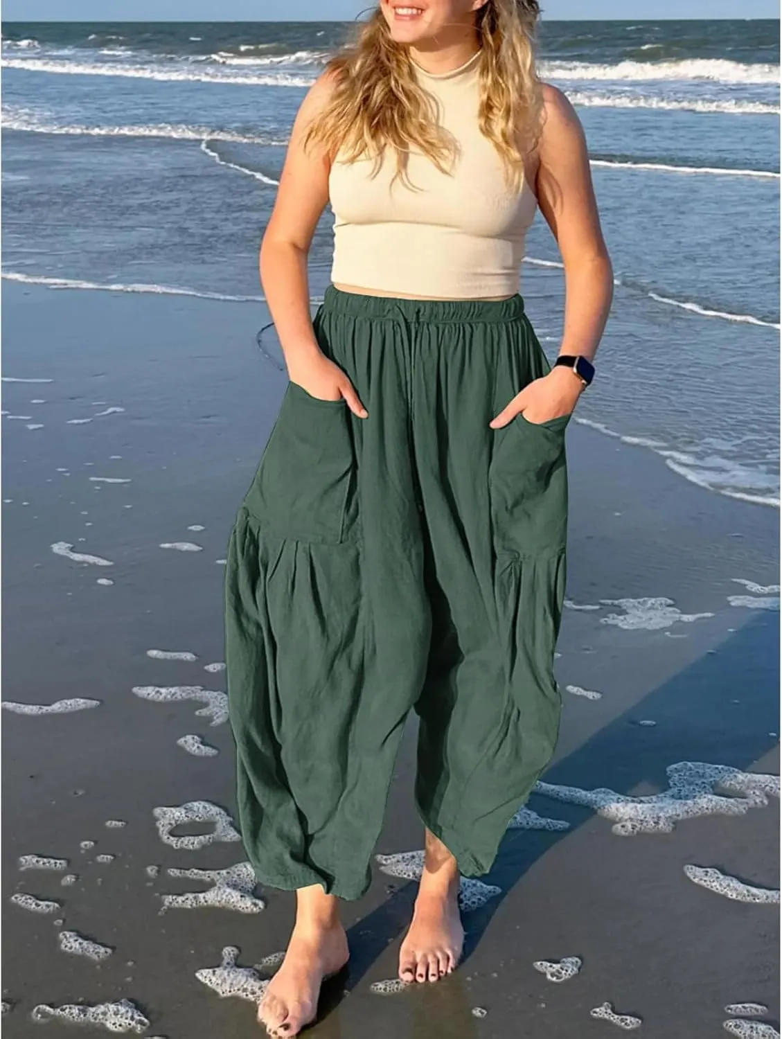 Women Wide Leg Linen Pants Summer Casual Drawstring High Waisted Palazzo Harem Pants with Pockets