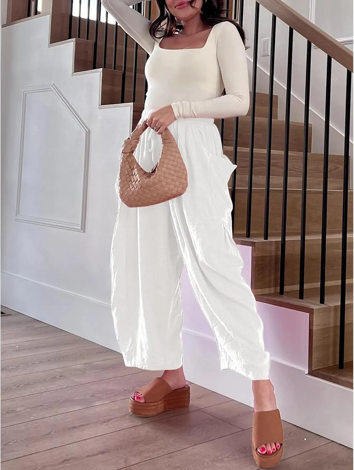 Women Wide Leg Linen Pants Summer Casual Drawstring High Waisted Palazzo Harem Pants with Pockets