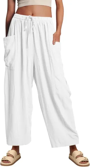 Women Wide Leg Linen Pants Summer Casual Drawstring High Waisted Palazzo Harem Pants with Pockets