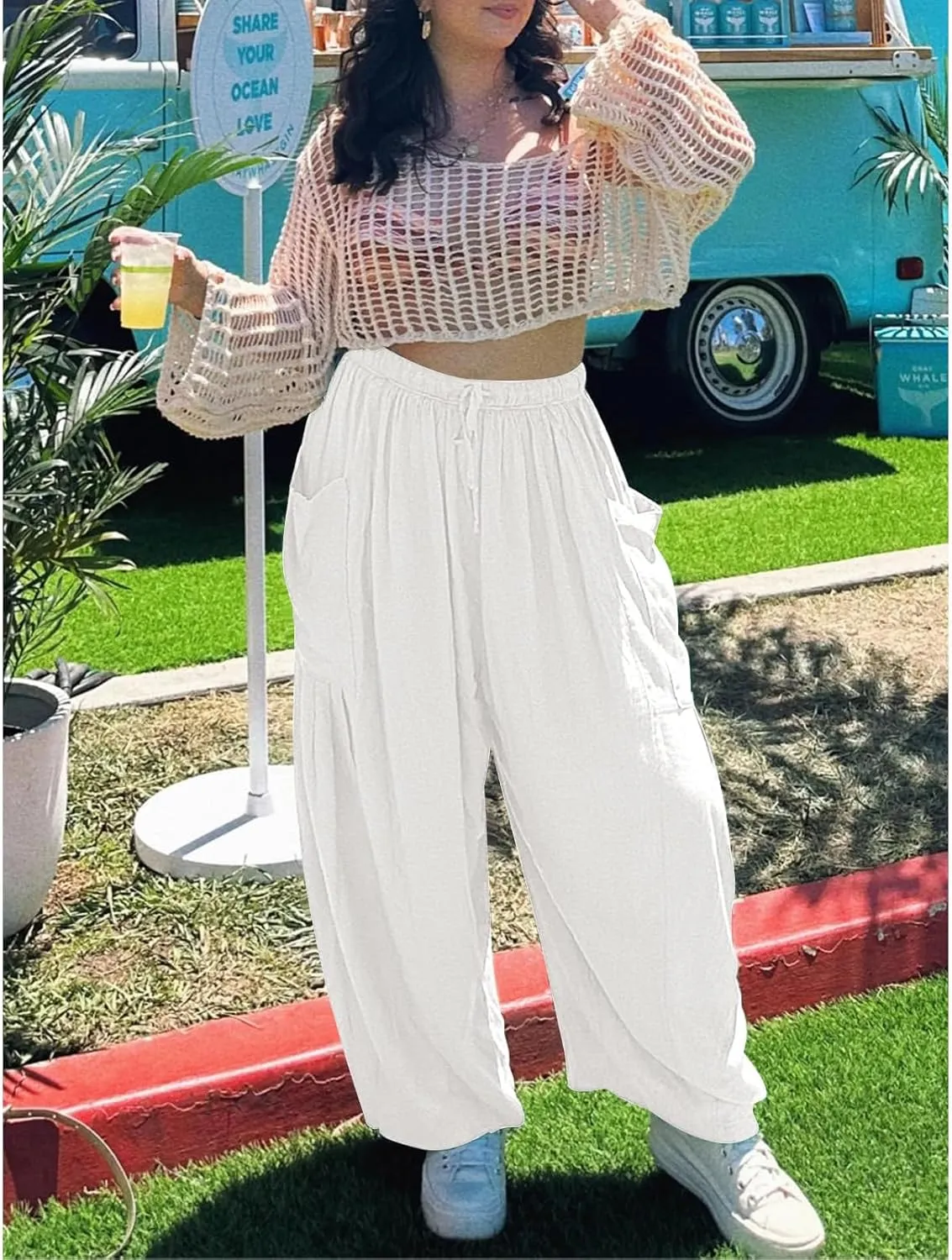 Women Wide Leg Linen Pants Summer Casual Drawstring High Waisted Palazzo Harem Pants with Pockets