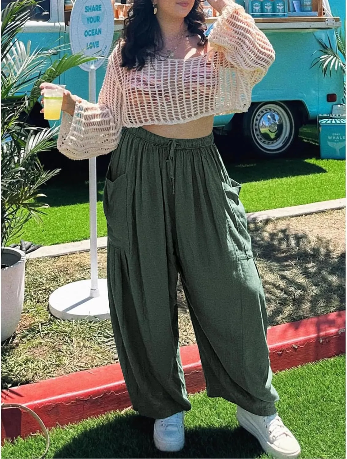 Women Wide Leg Linen Pants Summer Casual Drawstring High Waisted Palazzo Harem Pants with Pockets