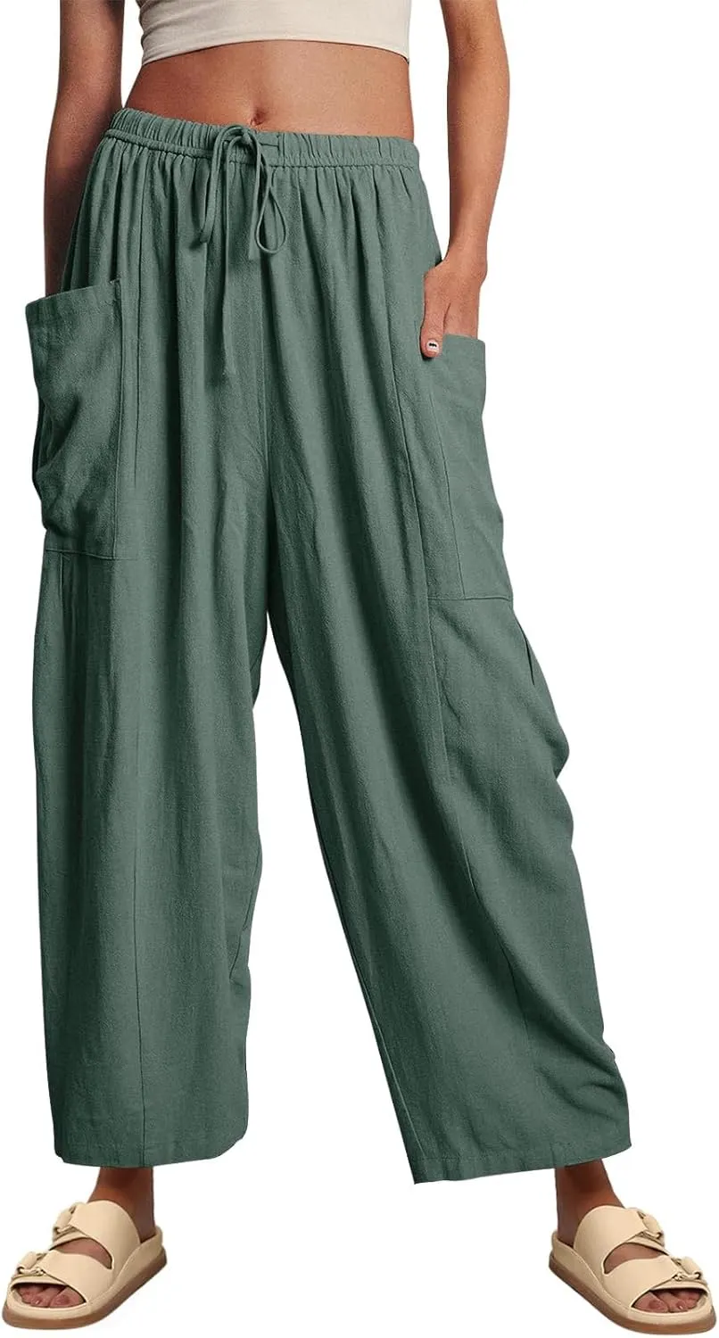 Women Wide Leg Linen Pants Summer Casual Drawstring High Waisted Palazzo Harem Pants with Pockets