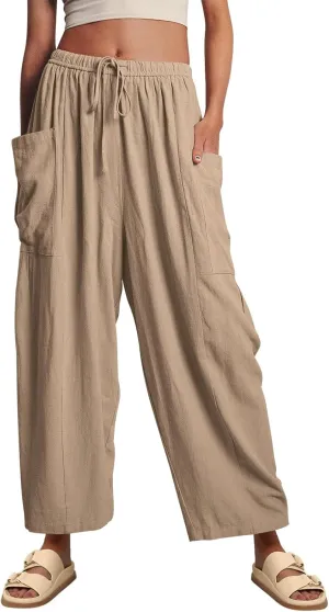 Women Wide Leg Linen Pants Summer Casual Drawstring High Waisted Palazzo Harem Pants with Pockets