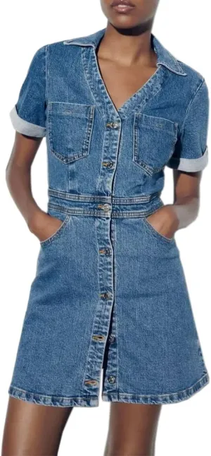 Women's Baggy Vintage Distressed Denim Shirt Dress Short Sleeve Buttons Mid Length Jean Dress