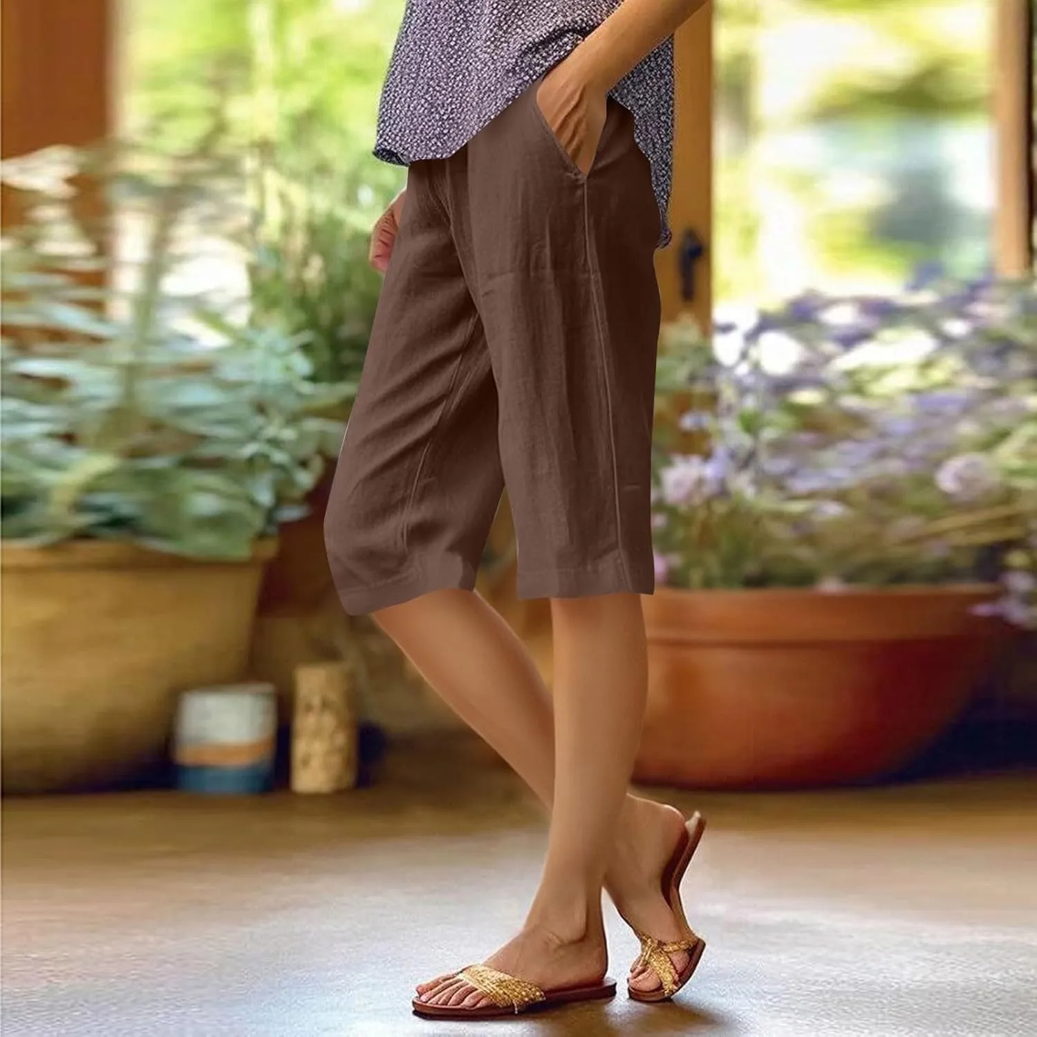 Women's Bermuda Shorts 2025 Cotton Linen Long Shorts Casual Lightweight Summer Beach Cropped Pants with Pockets