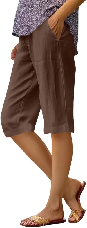 Women's Bermuda Shorts 2025 Cotton Linen Long Shorts Casual Lightweight Summer Beach Cropped Pants with Pockets