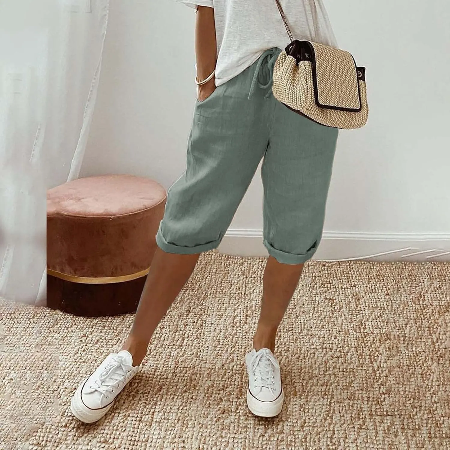 Women's Bermuda Shorts 2025 Summer Comfy Drawstring Pants Casual Knee Length Walking Long Shorts with Pockets