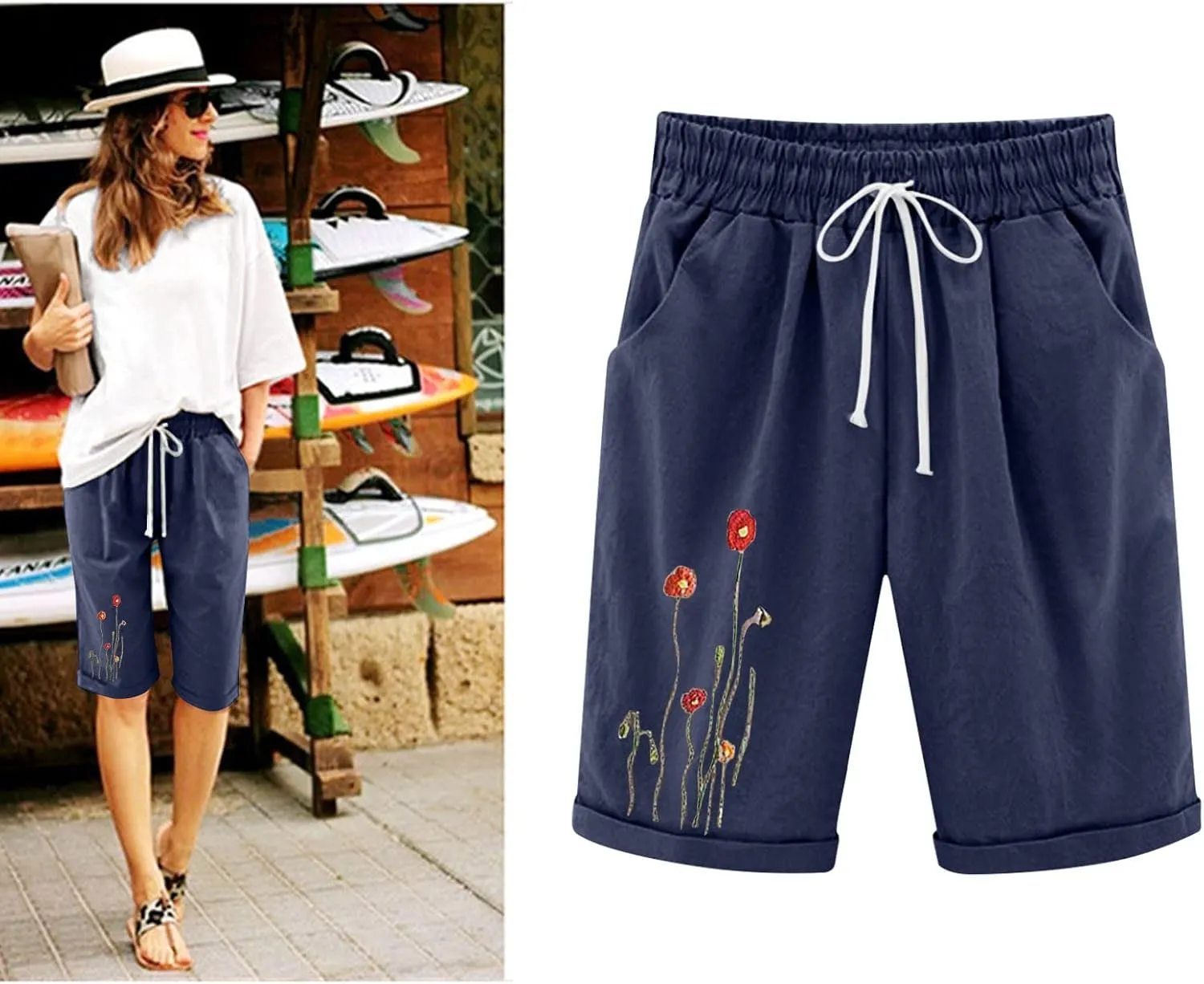 Womens Bermuda Shorts for Summer Dressy Long Cotton Casual Summer Knee Length Pull On Lounge Walking Exercise Shorts