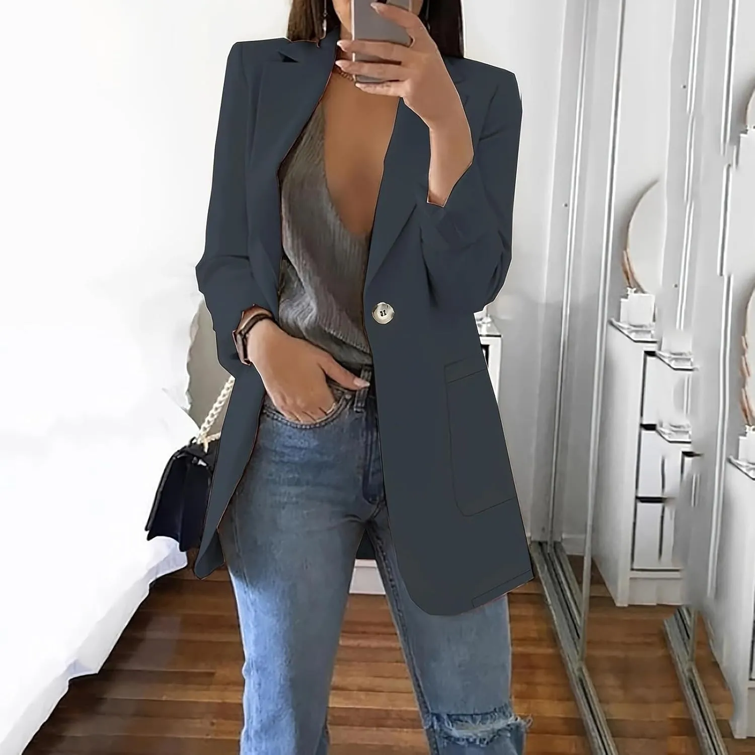 Womens Blazers for Work Casual Oversized Open Front Cardigan Jackets Button Business Office Blazer Coats with Pockets
