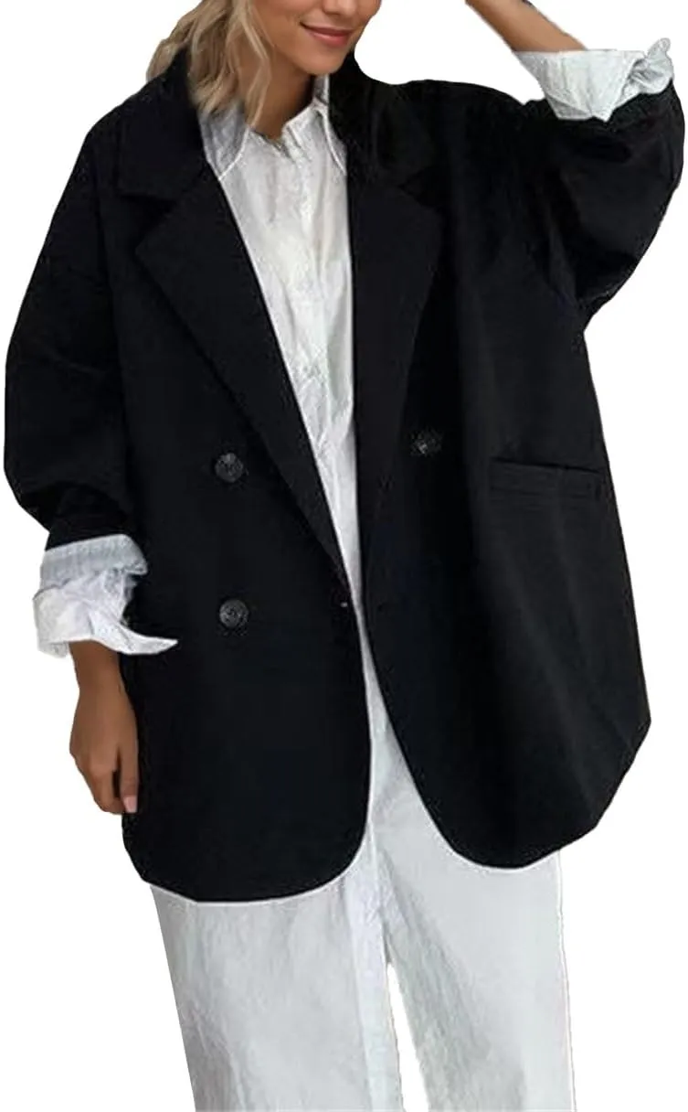Women's Boyfriend Notch Lapel Blazer, Dressy Casual Oversized Drop Shoulder Suit Jacket Button Outwear with Pockets for Women