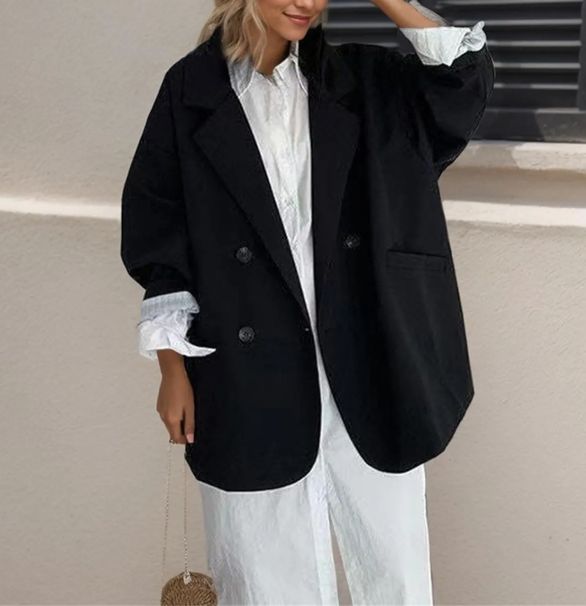 Women's Boyfriend Notch Lapel Blazer, Dressy Casual Oversized Drop Shoulder Suit Jacket Button Outwear with Pockets for Women