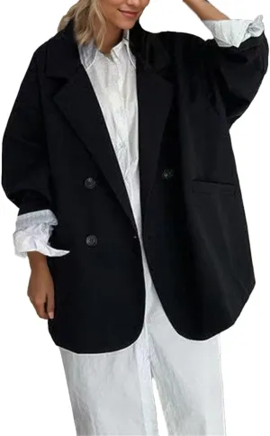 Women's Boyfriend Notch Lapel Blazer, Dressy Casual Oversized Drop Shoulder Suit Jacket Button Outwear with Pockets for Women