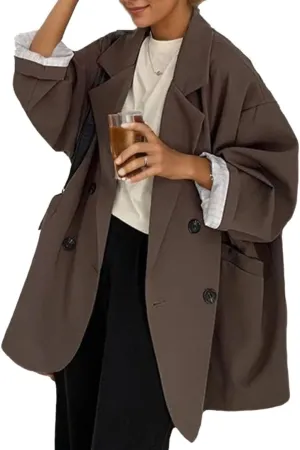 Women's Boyfriend Notch Lapel Blazer, Dressy Casual Oversized Drop Shoulder Suit Jacket Button Outwear with Pockets for Women