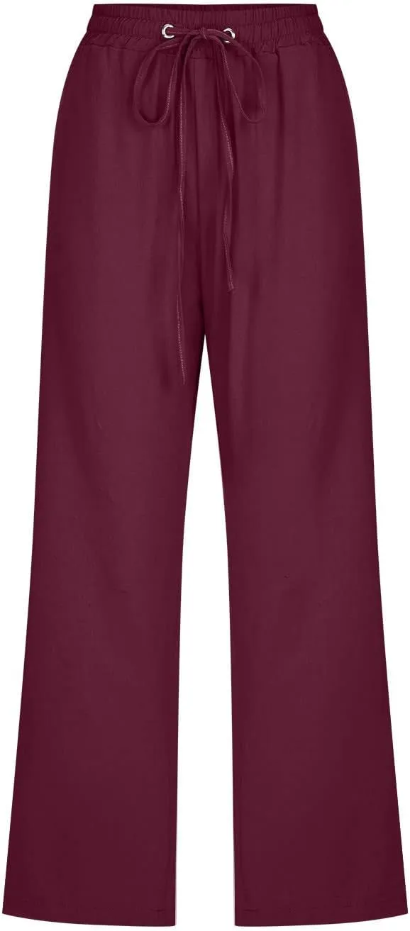 Womens Capris Pants Linen Straight Wide Leg Stretchy Waist Cropped Trousers Drawstring Loose Pants Casual Summer 2025