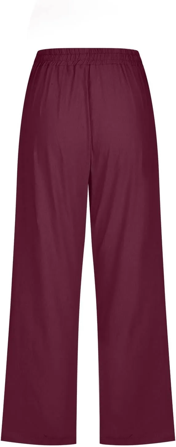 Womens Capris Pants Linen Straight Wide Leg Stretchy Waist Cropped Trousers Drawstring Loose Pants Casual Summer 2025