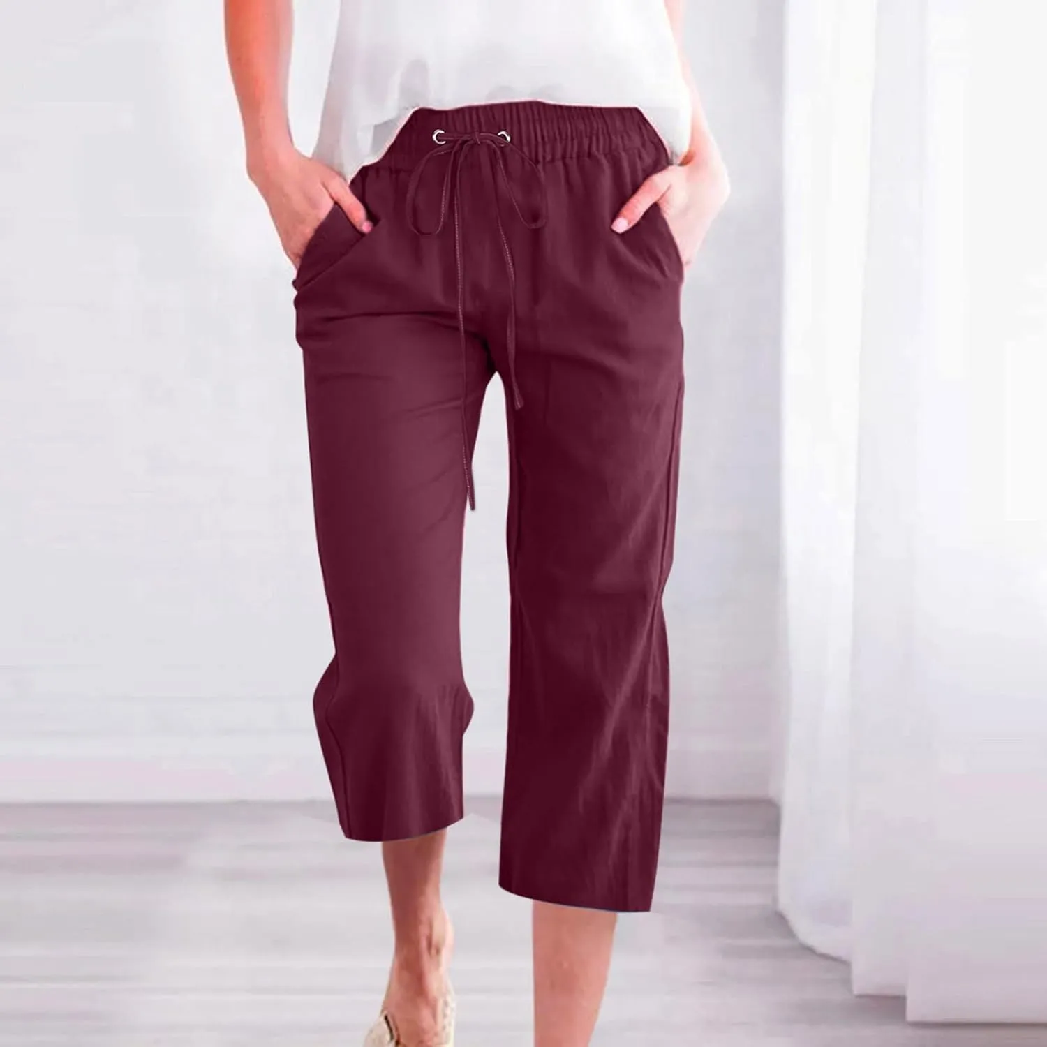 Womens Capris Pants Linen Straight Wide Leg Stretchy Waist Cropped Trousers Drawstring Loose Pants Casual Summer 2025