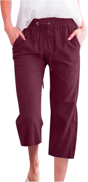 Womens Capris Pants Linen Straight Wide Leg Stretchy Waist Cropped Trousers Drawstring Loose Pants Casual Summer 2025