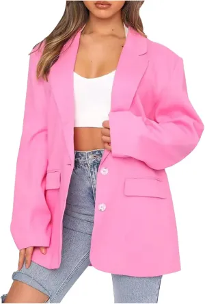 Womens Casual Blazers Long Sleeve Classic Two Button Lapel Collar Work Office Blazer Jackets Oversized Boyfriend Coat