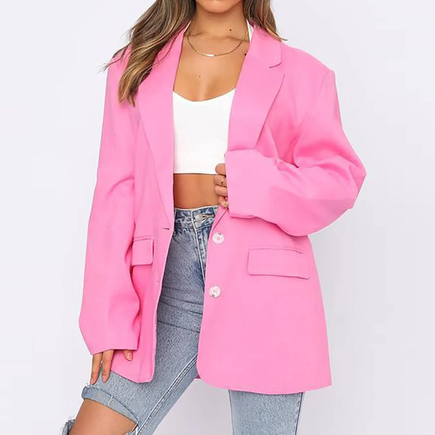 Womens Casual Blazers Long Sleeve Classic Two Button Lapel Collar Work Office Blazer Jackets Oversized Boyfriend Coat