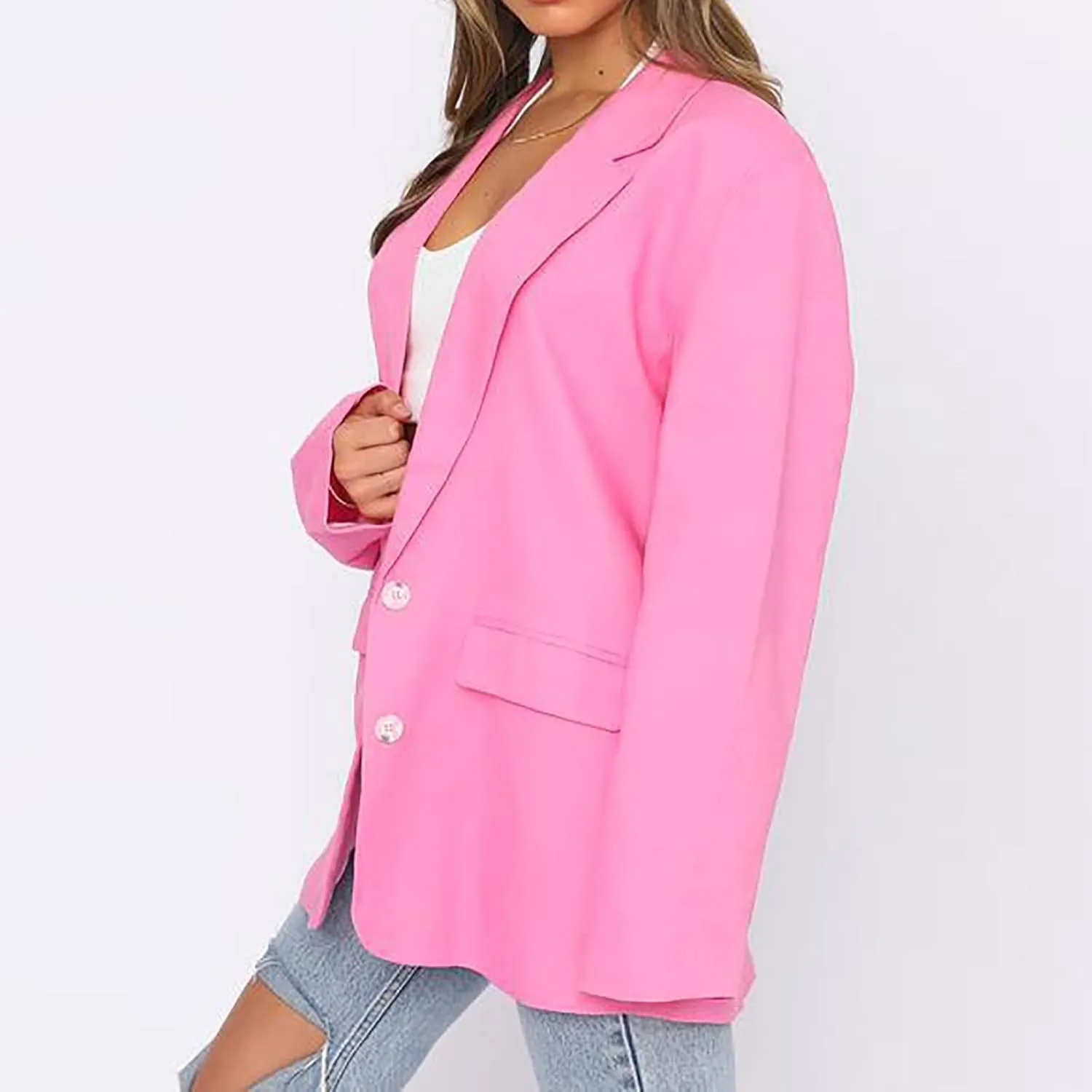 Womens Casual Blazers Long Sleeve Classic Two Button Lapel Collar Work Office Blazer Jackets Oversized Boyfriend Coat