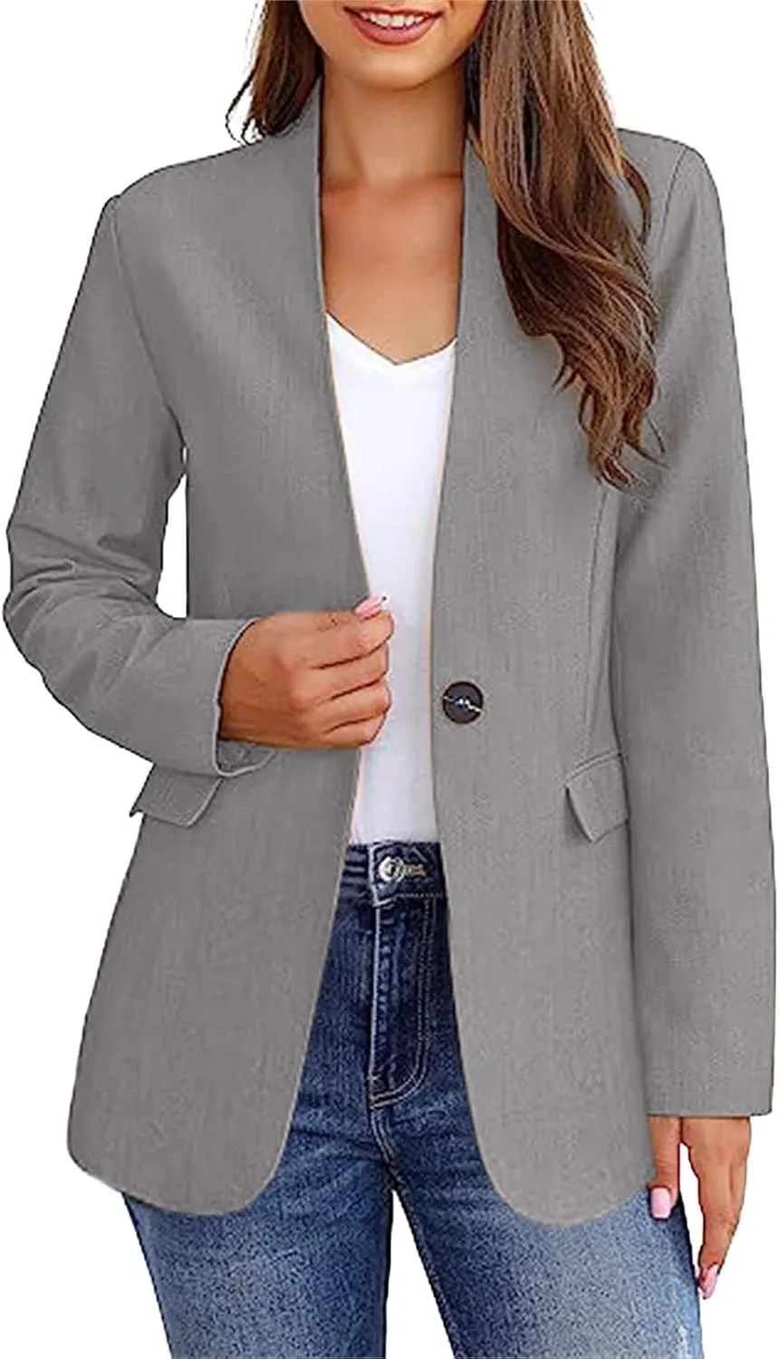 Womens Casual Blazers Work Business Open Front Long Sleeve Suit Jacket Notch Lapel Button Boyfriend Blazer