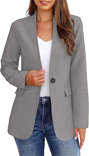 Womens Casual Blazers Work Business Open Front Long Sleeve Suit Jacket Notch Lapel Button Boyfriend Blazer
