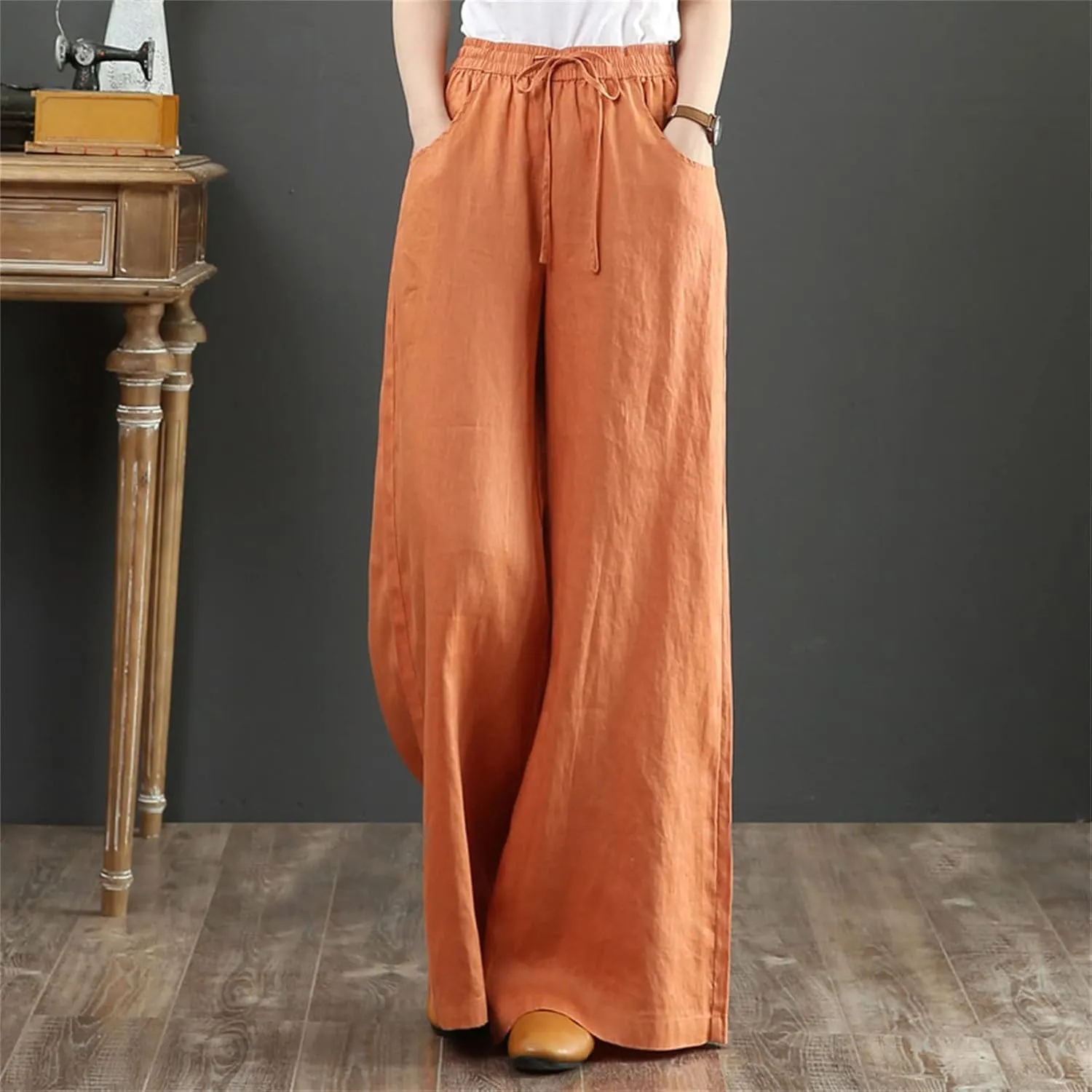 Womens Casual Linen High Waist Pants Drawstring Loose Fit Summer Work Pants Trousers with Side Pockets