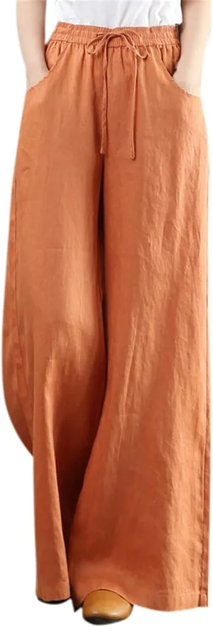 Womens Casual Linen High Waist Pants Drawstring Loose Fit Summer Work Pants Trousers with Side Pockets