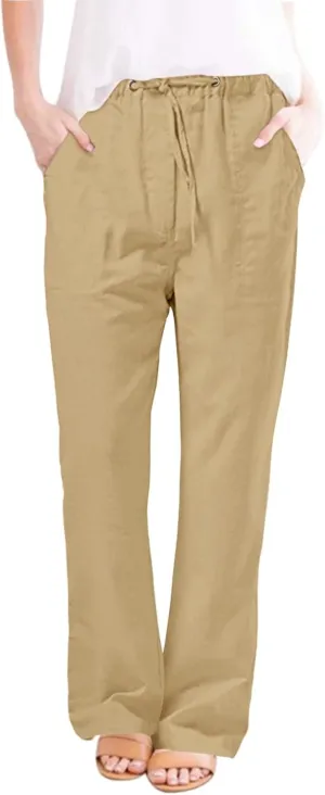 Womens Casual Linen Pants 2024 Drawstring Elastic Waist Trousers Lounge Vacation Clothing Summer Drawstring Palazzo