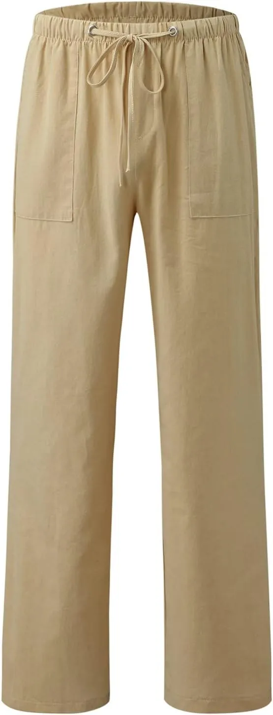Womens Casual Linen Pants 2024 Drawstring Elastic Waist Trousers Lounge Vacation Clothing Summer Drawstring Palazzo