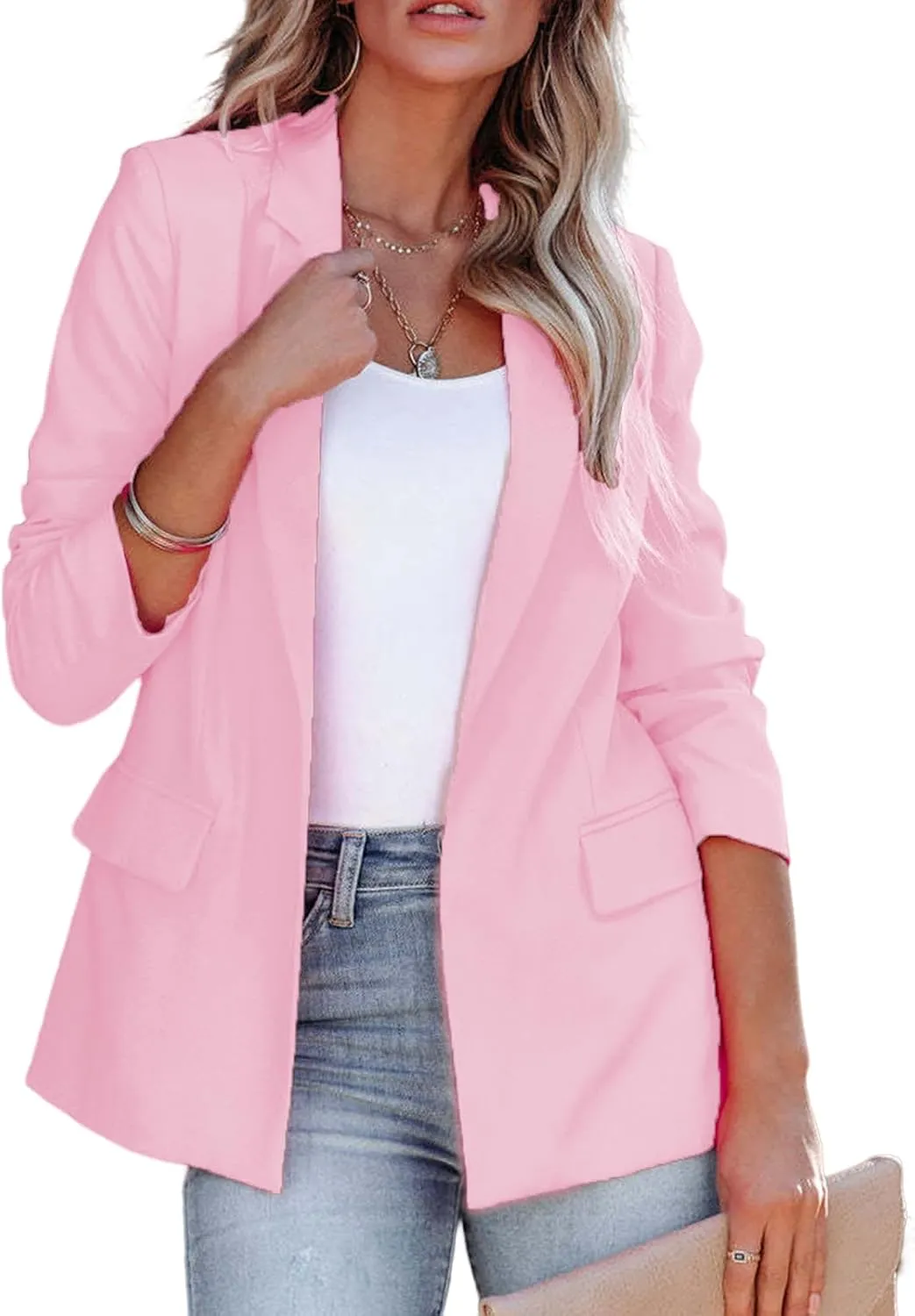 Women's Casual Open Front Blazers Long Sleeve Work Office Suit Jackets with Pockets Solid Color Business Coat