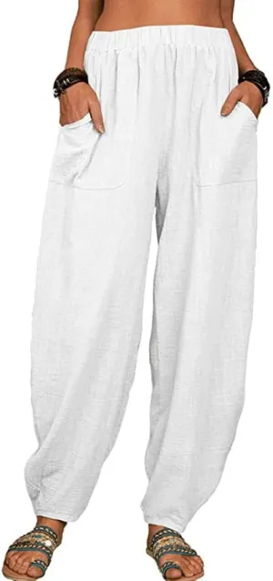Women's Casual Summer Cotton Linen Lounge Pants High Waist Tapered Leg Beach Trousers with Pockets