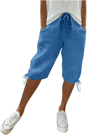 Women's Cotton Linen Summer Palazzo Pants Loose Cotton and Linen Pants Summer Drawstring Waist Wide Leg Pants