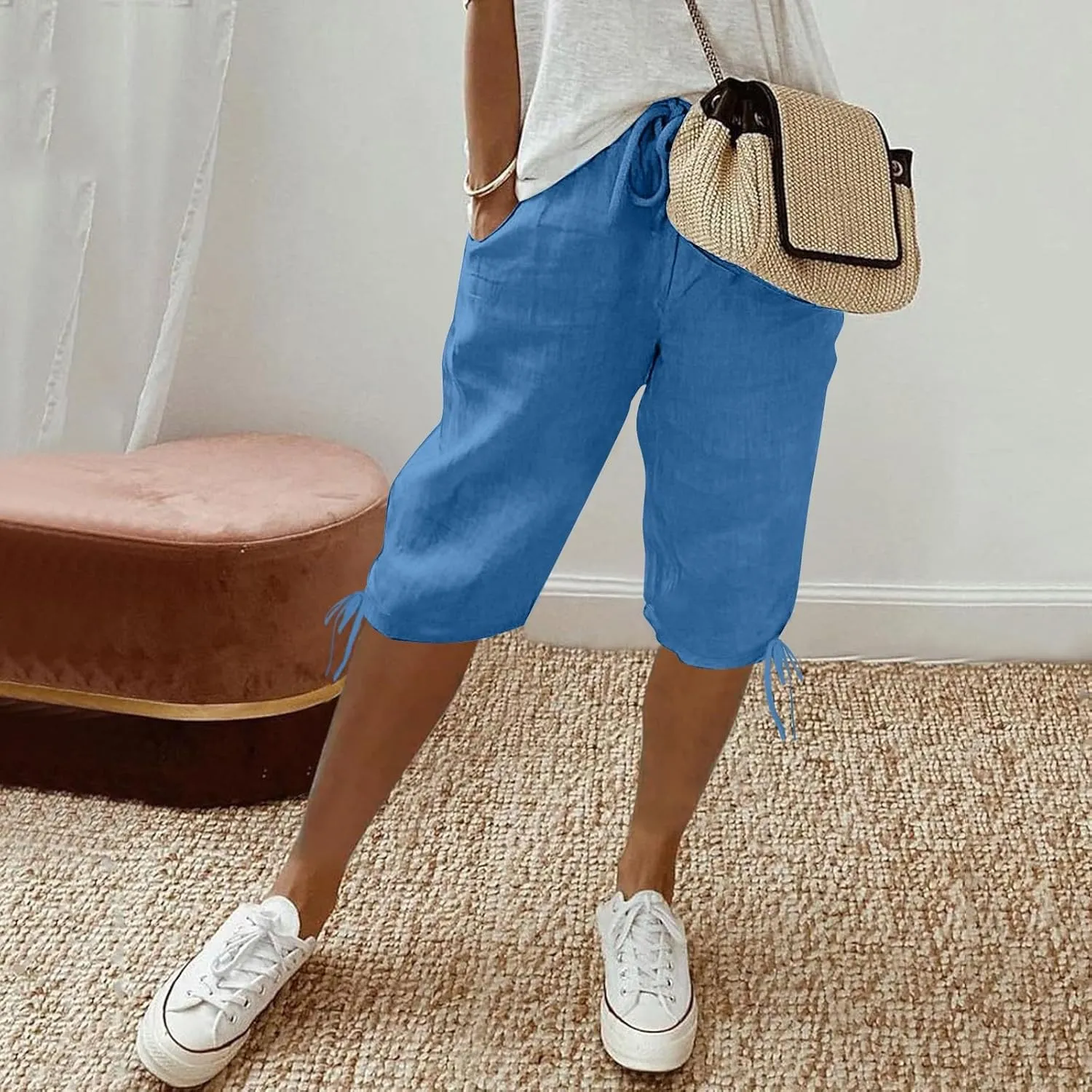 Women's Cotton Linen Summer Palazzo Pants Loose Cotton and Linen Pants Summer Drawstring Waist Wide Leg Pants
